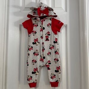 NWOT Disney Baby Girl 2 Piece Red & Gray Romper with Hoodie & Short Sleeve Tee